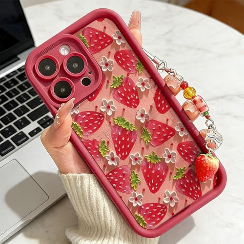 Coque silicone iPhone 16 Pro avec cordon chaîne fleur et pendentif fraise protecteur