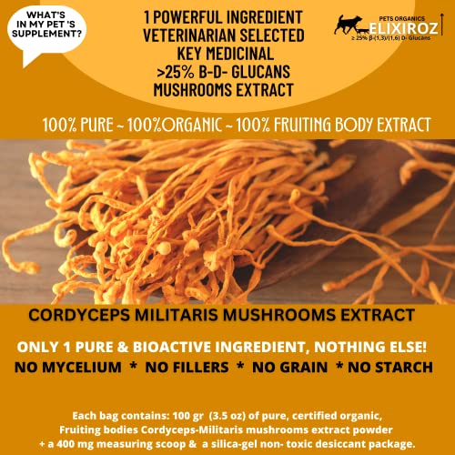 Image of Cordyceps Mushroom Extract for Dogs & Cats - 25%+ Beta Glucans - Fruiting Body (8:1-12:1 Concentrated) - Energy, Stamina & Vitality Support - No Fillers - 250 Servings