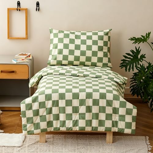 Image of Wellboo Green White Plaid Toddler Bedding Sets for Girls Boys Sage and White Checkerboard Grid 4 Pieces Soft Crib Bed Set Including Comforter, Sheets and Pillowcase Kids Checkered Geometric Quilt