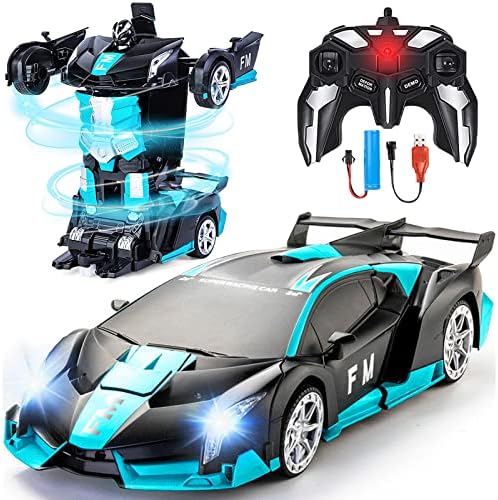 Transform RC Car Robot, 2.4Ghz 1:18 Rechargeable Remote Control Police Car Robot Toys with Light & One Button Transformation & 360°Rotation Stunt Race Car Toys for Kids Boys Girls Xmas Birthday Gift