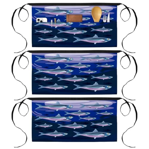 Tabliers courts de chef avec 3 poches demi-tablier pour restaurant et bar motif poissons
