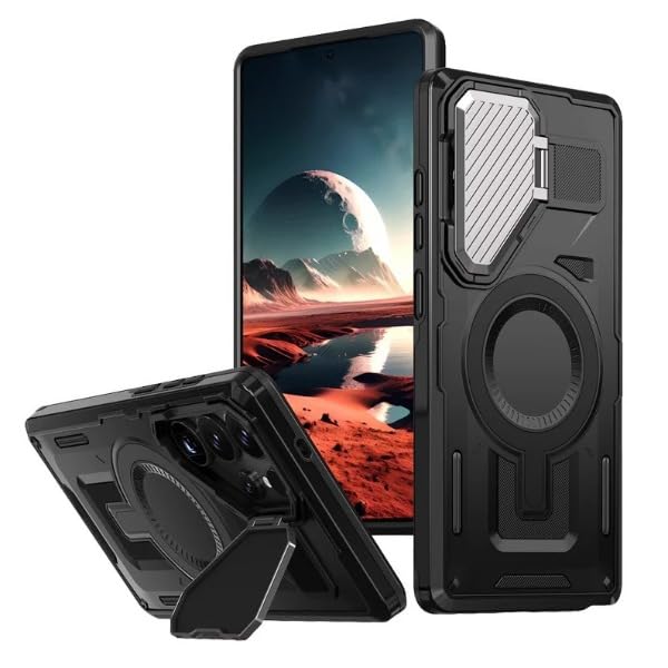 Image of MILLION CASES Thermoplastic Polyurethane Back Cover Case for Samsung Galaxy S24 Ultra Shockproof Protective Tactical Armor Lens Bracket Magnetic Case for Men & Boys(Black)
