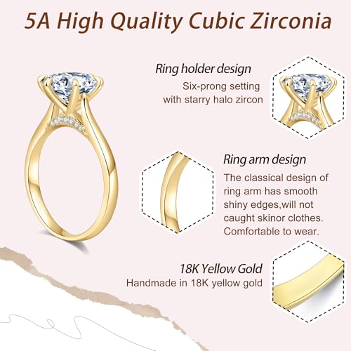 Aurora & Fiori Engagement Ring for Women, Women's CZ Round Solitaire Ring with 18K Yellow/White Gold Plated, Engagement Wedding Band Jewelry for Women 1/2/3/4CT3