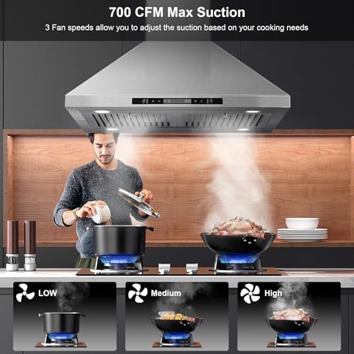 Tieasy 30" Island Range Hood 700 CFM Ceiling Mount Kitchen Vent Hood with Gesture/Touch Control, 3-Speed Fan & 4 LED Lights, Convertible Ductless/Duct, Stainless Steel Baffle Filters,Time Setting by Tieasy - Image 2