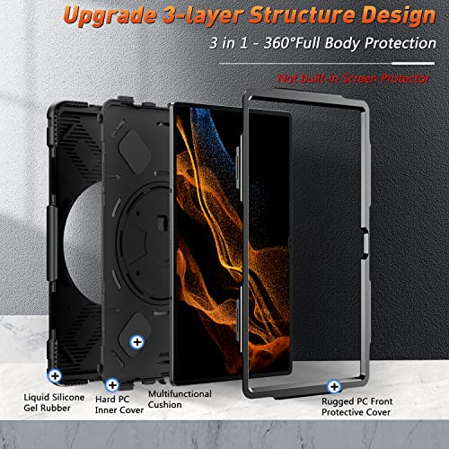 Supfives Case For Galaxy Tab S8 Ultra 2022 : Military Grade Heavy Duty Silicone Protective Cover For Tablet S8 Ultra 14.6 Inch W/S-Pen Holder + Rotating Stand + Handle + Shoulder Strap - Black #TOP1