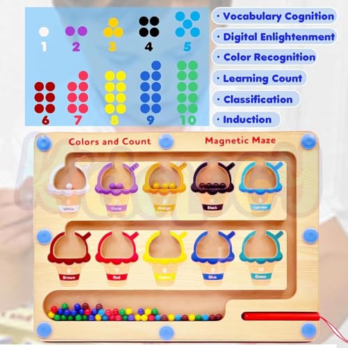 Image of NSA-Magnetic Ice Cream Color & Number Matching Board for Kids | Wooden Montessori Learning Toy for Toddlers | Color Recognition, Counting 1-10, Fine Motor Skills | Ages 2-5 Years
