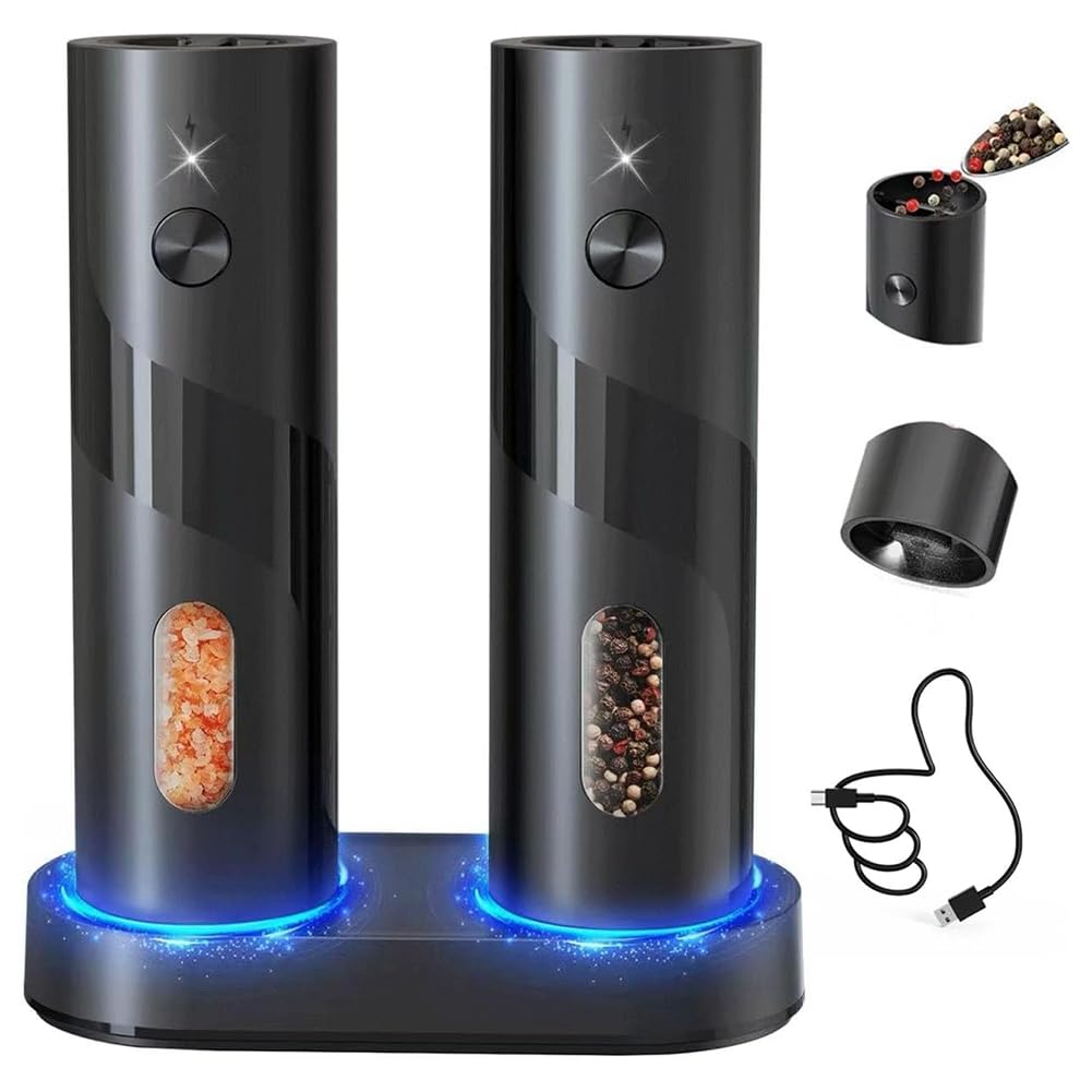 Vjsujehgy Top-Refill Automatic Salt and Pepper Grinder Set with Electric Rechargeable Charging Base Mill