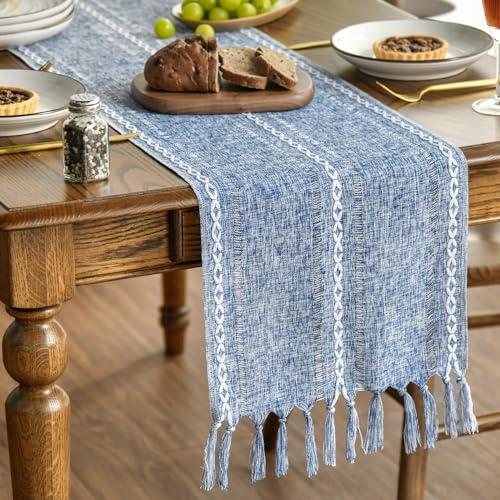 Artoid Mode Boho Blue Tassel Table Runner, Farmhouse Style Kitchen Table Decoration Holiday Wedding Party Dinning Birthday Decor 33x183 cm by Artoid Mode - Used condition - CA$14.46