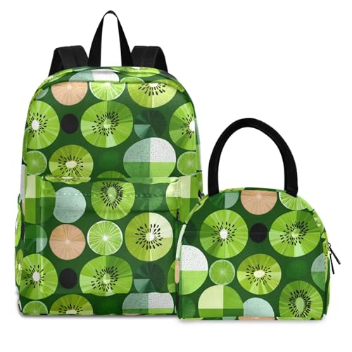 Cartoon Kiwi Print Backpack Set with Lunch Bag, Large Capacity Travel Backpacks and Lunch Box Insulated for Commute Hiking Picnic