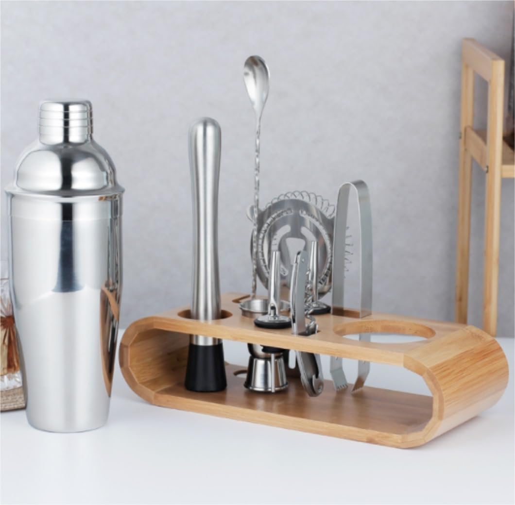 Juego de Cocktail Shaker Herramientas de Barra de Acero Inoxidable de 9 Piezas con Soporte de Base de Madera Kit de coctelería Compatible y Juego de coctelera Coctelera Profesional Herramientas