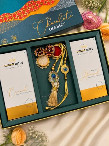 Image of LB Ray Raksha Bandhan Gift Hamper with Premium Designer Rakhi, 2 No Added Sugar Chocolates (Crunch & Roasted Almond, 90g Each), Roli Chawal Set | Festive Gift Box for Brother