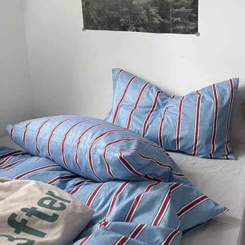 Image of Nayoroom Striped Duvet Cover Queen Coastal Blue Red Stripe Bedding Set