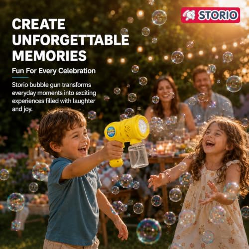 Image of Storio Automatic Bubble Gun for Kids, Rechargeable Electric Bubble Machine with Solution, One Touch Bubble Blower Toy for Indoor Outdoor Party, Gift for Toddlers Boys Girls - Yellow