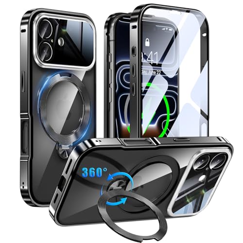 iPhone 17 用 ケース 両面保護 MagSafe対応 光沢CD紋様リング 360°定点回転スタンド 自動ポップアップロック付き カメラレンズフル保護 いphone 17 用 Gunwon スマホケース アルミ合金バンパー 9H一体型保護フィルム 背