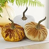 Set di 3 zucche in velluto da 16 cm, decorazioni autunnali con accenti dorati, elegante se...