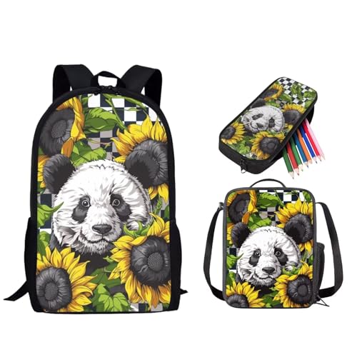 3 PCS Kids Backpack Set for Boys Girls, Panda Sunflower Kids School Backpack Set with Insulated Kids Lunch Bag Cute Pencil Case for Kids, Back to School Supplies, Yellow and Black