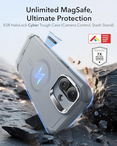 Image of ESR for iPhone 16 Phone Case with Stand, 23ft Military-Grade Drop Protection with Camera Control, Shock-Absorbing Rugged Cover, Compatible with MagSafe Accessories, Cyber Series, Light Grey