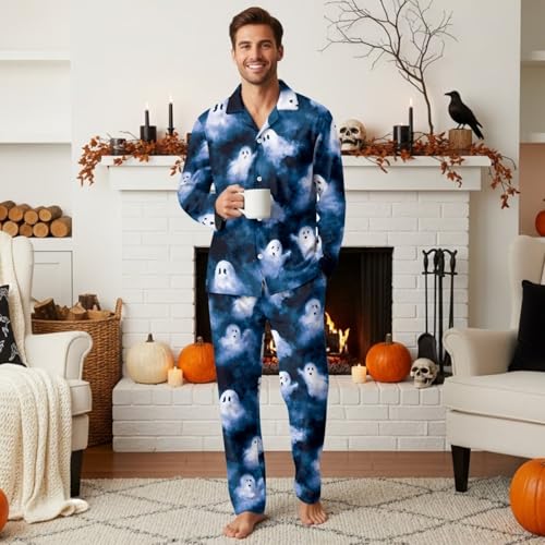 Couple Halloween Pajamas Matching Sets Cute Pajama with Pockets Long Sleeve Pj Soft Sleepwear Button Up Pjs4