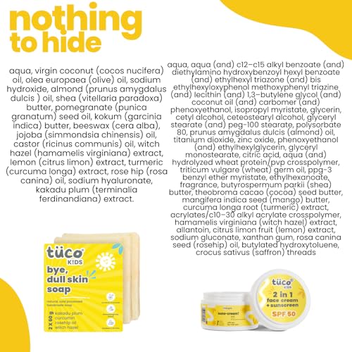Image of Tuco Kids Dull Skin Soap (60 gm x 2) & Sunscreen (50 gm) | Face Glow Kit | Safe For Kids | Ages 2-5, 5-10, 10-15 | Paraben & Sulfate Free | 170 gm- Pack of 3