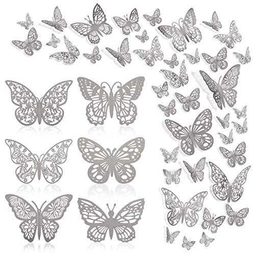 144 Pcs 3D Butterfly Wall Stickers Decor 6 Styles 3 Sizes, Silver Removable Butterfly Decals Room Wall Decor for Kids Nursery Classroom, Wedding, Party, Baby Shower