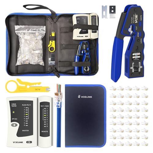 VCELINK RJ45 Crimp Tool Kit Ethernet Crimping Tool Set with 50PCS Cat6 RJ45 Pass Through Connectors Network Cable Tester and Wire Stripper in a Cloth Bag