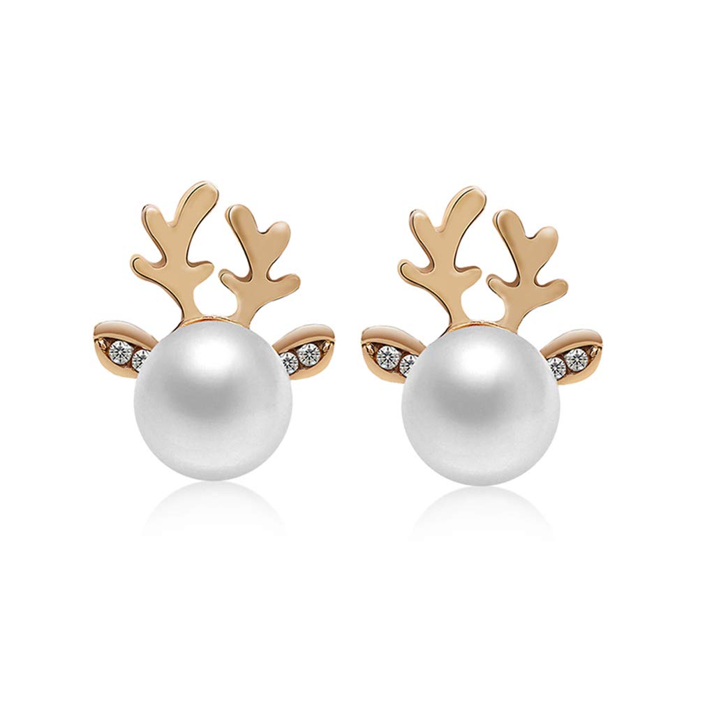 Aretes de Navidad para mujer, aretes de cornamenta de perlas sintéticas (dorado), Metal