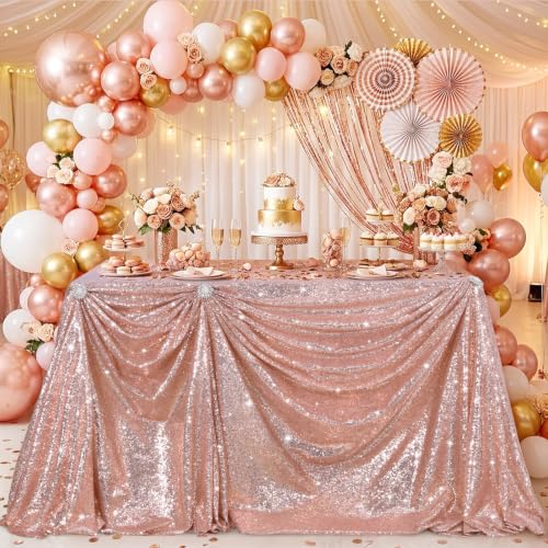 Image of Sequin Tablecloth Rectangle Party Desk Decor 60x102 Inch Blush Pink Fabric | Table Cloth Glitter Fabric Overlay for Indoor Outdoor Dining Baby Shower Wedding Parties Home Banquet