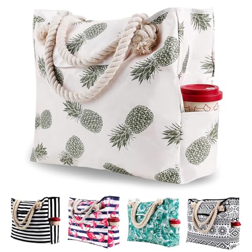 Women Beach Bag Large Waterproof Sandproof, Hawaiian Pineapple Tropical Extra Canvas Pool Tote Zipper, Pockets, Travel Gym Yoga Swim XL Essentials Family Accessories Oversized Stuff Vacation Supplies