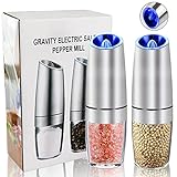OurWarm LED Gravity Electric Pepper Grinder set of 2, Automatic Salt and Pepper Mill Grinder, Battery Powered, Adjustable Roughness