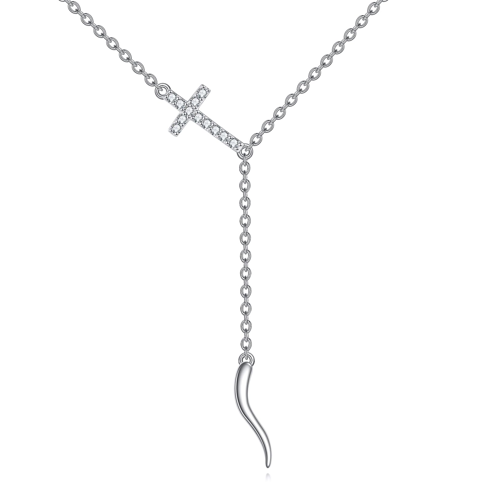 Vadmans Italian Horn Necklace Sterling Silver Cornicello Good Luck Pendant Cubic Zirconia Cross Jewelry Gift for Women