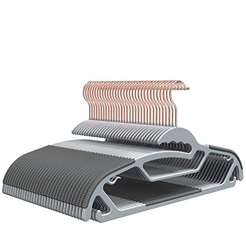 50-Pack Slim S-Shaped Plastic Hangers with Non-Slip Grips – Space-Saving Gray Hangers for Delicate Necklines, Fits Shirts, Dresses & Coats in Closet/Dorm Organizers