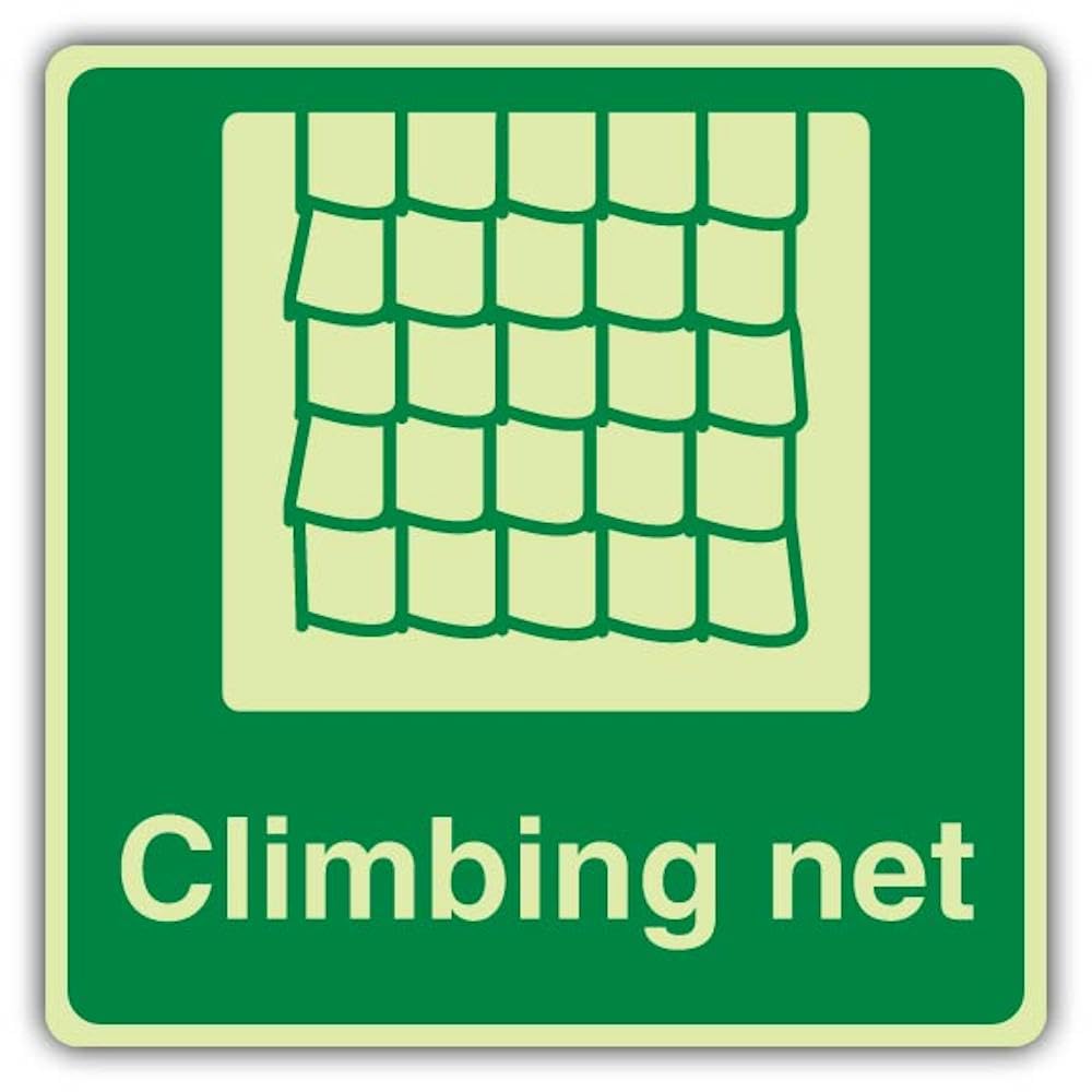 V Safety - Señal de red de escalada que brilla en la oscuridad, 450 x 450 mm, hecha de plástico rígido de triple brillo, señalización de seguridad marina, fabricada en Gran Bretaña