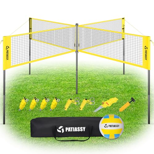 4 Square Volleyball Game Set, 4 Way Net System with 16FT & 32FT Court, Adjustable Height Backyard Badminton Combo, Portable Outdoor Kit with Ball, Pump, Boundary Line, Carry Bag