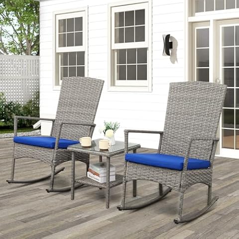 Valita 3 Piece Patio Rocking Chair Outdoor Rattan Bistro Set with Glass Top Table Conversation Set with Grey PE Wicker, Blue Cushion Cover