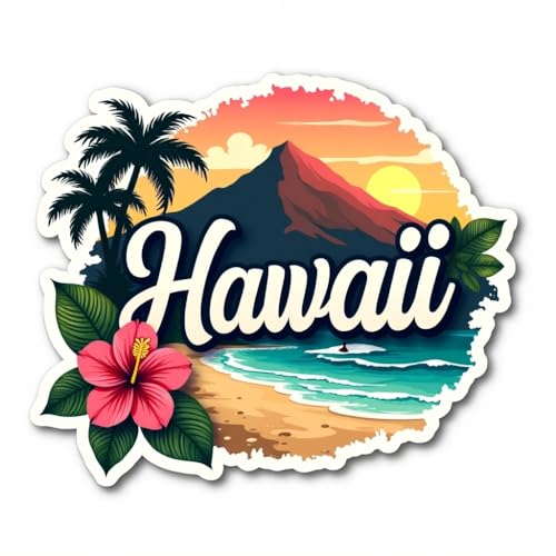 Image of Naxon Hawaii Beach Island Theme Souvenir Wooden Fridge Magnet | Tropical Palm Trees, Ocean Waves & Sunset Design 3x3 Inch Refrigerator Magnet for Kitchen | Travel Gift from Hawaii | Pack of 1