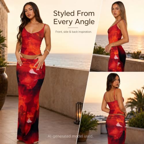 Image of Two Piece Skirt Set Women Maxi Long Skirt and Top Outfit | Soft stretchy 5 pc, slim bodycon, adjustable spaghetti straps, ruched crop tank, elastic waist, going out, beach vacation