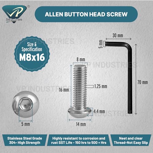 Image of Rely⇒VP INDUSTRIES (Pcs-15) M8X16 mm Button Head Cap Screw Stainless Steel Grade 304 | Allen Round Mushroom Head Screw with Allen Key 1 Pc
