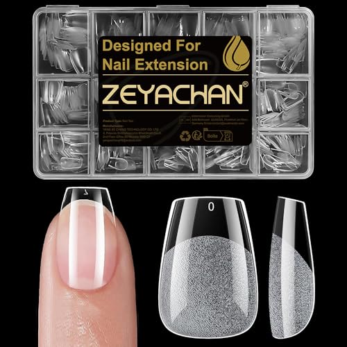 ZEYACHAN 510 Pièces Capsule Americaine Ongle Ballerine Extra Courte, 15 Tailles Semi - mat PMMA Faux Ongles Transparente, Avec Valise De Rangement, pour Les Extensions Et Diy Nail Art