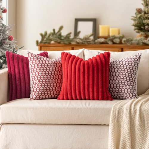 Image of MIULEE Faux Fur Decorative Throw Pillow Covers 12x20 Set of 2 Red | Modern Spring Home Decor Soft Plush Couch Pillows Cozy Fluffy Cushion Covers for Sofa Bed Living Room