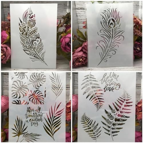 Plantillas reutilizables, 4 unidades, 11.42 x 8.27 pulgadas, plantillas de dibujo de hojas de plumas para manualidades, pared, lienzo, muebles, álbumes de recortes, decoración del hogar