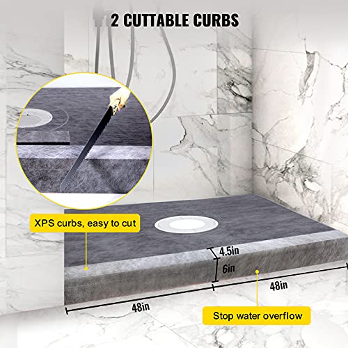 Image of VEVOR Shower Curb Kit, 48 inchx72 inch Watertight Shower Curb Overlay with 4 inch ABS Central Bonding Flange, 4 inch Stainless Steel Grate, 2 Cuttable Shower Curb and Trowel, Shower Pan Slope Sticks Fit for Bathroom