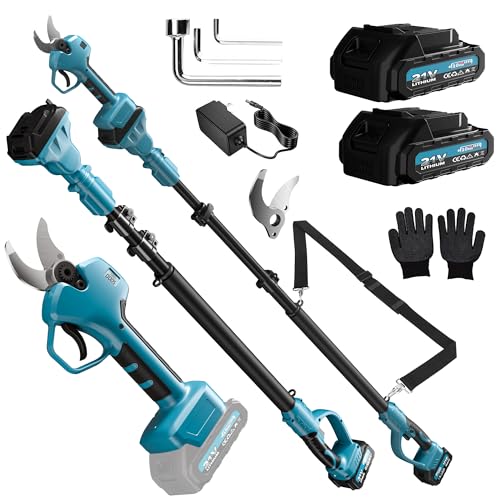 40mm Tijeras de Podar Eléctricas, 2 IN 1Podadora Telescópica con 2M Pértiga de Extensión, 2x2000mAh Batería, con Tirantes, Guantes, Podadora de Eléctrica para Jardineria, Olivos