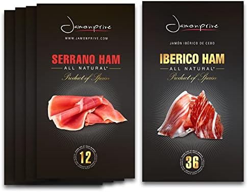 Spanish Serrano Ham Sliced Dry-Cured (12oz) + Spanish Iberico Ham Sliced (2oz) - Spanish Jamon Iberico (Pata Negra) and Serrano with NO Nitrates or Nitrites all Natural, GMO Free and Gluten Free