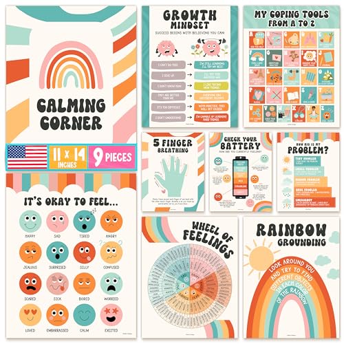 Hadley Designs Calming Corner Posters for Classroom Decor -9 Calm Down Corner Supplies Classroom Must Haves, 11x17 Feelings & Emotions Chart for Kids, Retro Mental Health Posters for School Counselors