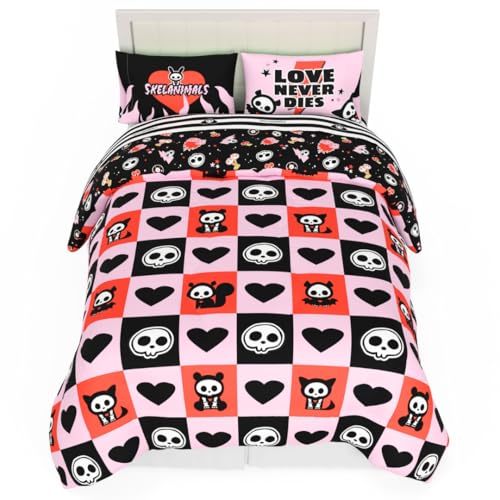 Image of Skelanimals Bedding 7 Piece Full Bed Set, Soft Checkered Comforter and Sheet Set with Sham, Kit The Cat, (Officially Licensed Product) by Franco Collectibles