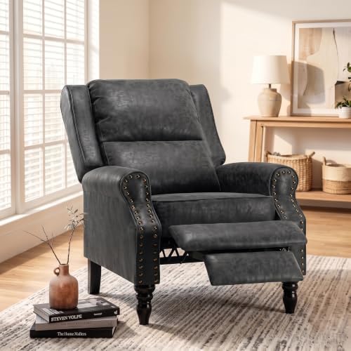 Image of Leather Recliner Chair with Adjustable Backrest & Footrest, Black | Adjustable Backrest & Footrest, Medieval Style Overstuffed Arms, Quality Faux Leather