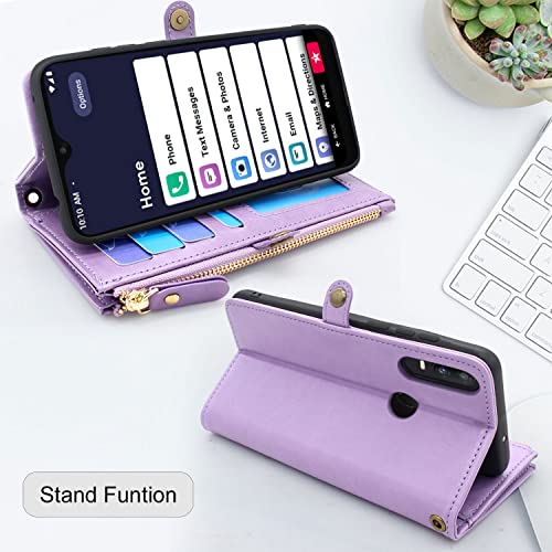 Lacass Premium Leather Flip Zipper Wallet Case Cover Stand Feature With Card Holder And Wrist Strap For Jitterbug Smart 3 / Jitterbug Smart3 Phone (Aka Lively Smart 2021)(Floral Light Purple) #TOP3