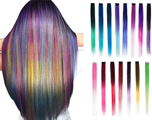 15Pcs Rainbow Color Straight Hair Extensions Clip in 20 Inch Multi-Color Synthetic Clip in Hair Extensions Party Highlights Synthetic Clip in Long Hairpiece for Women Girls Kids Gift(15Colors)