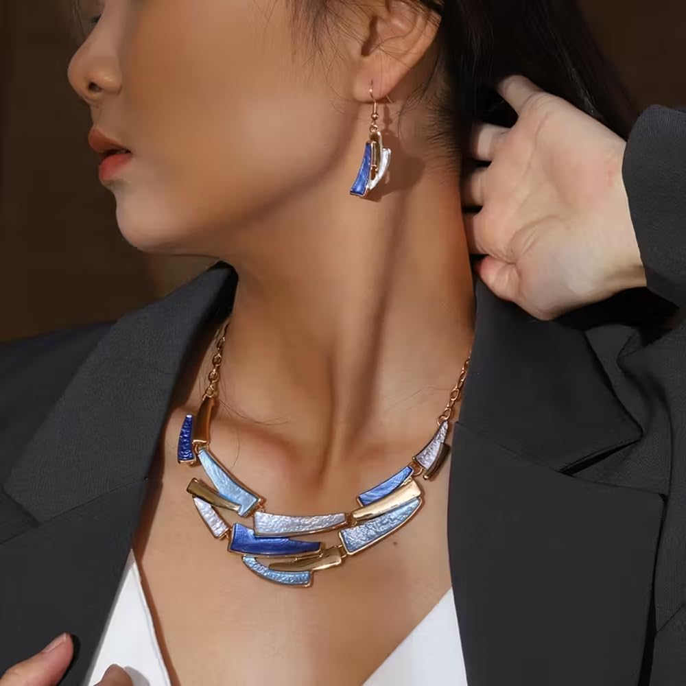 Boho Geometric Statement Jewelry Set for Women, Blue Enamel Chunky Gold Necklace Earrings Retro Vintage Layered Chunky Collar Fashion Jewelry Gifts - Image 4