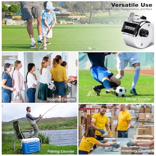 Image of Clicker Counter, Metal Hand Tally Counter Clicker with 4 Digit Display, Pitch Counter for Golf Stroke, Baseball, Coaching, Knitting, Lap, Row Sport, Silver